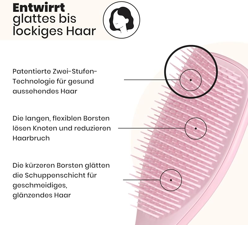 Ultimate Detangler Haarbürste – Für Nasses & Trockenes Haar – Entwirrungsbürste für Alle Haartypen – Zweistufige Borsten Reduzieren Haarbruch & Entfernen Knoten – Millennial Rosa — Foto 2 von 8