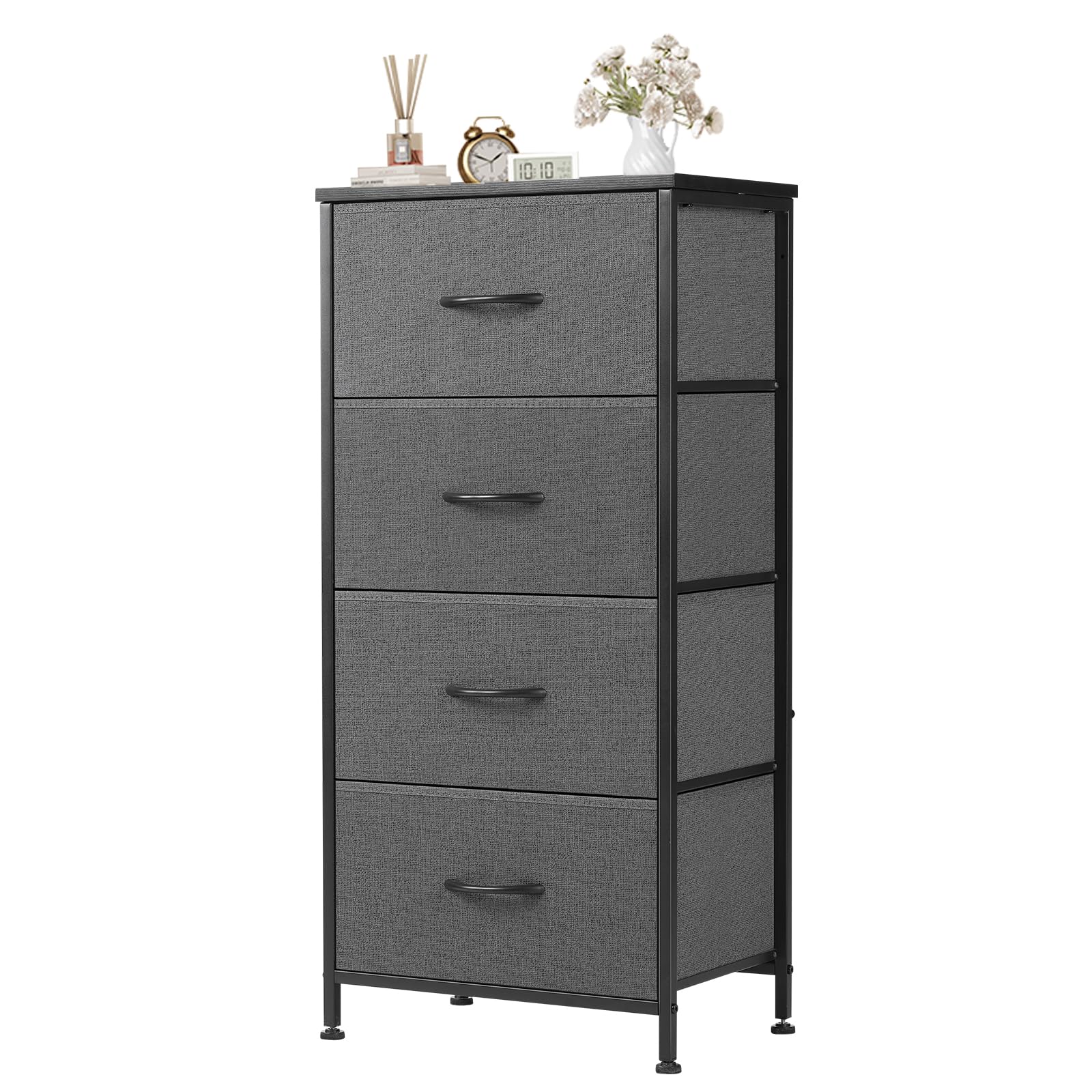 Atilioo Dresser for Bedroom with 4 Drawers, Anti-Tip Tall Fabric Chests Storage Organizer Tower Furniture with Wooden Top Metal Frame for Clothes, Closet, Living Room, Hallway, Entryway