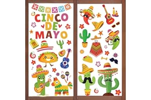 Whaline Mexican Fiesta Party Window Clings Cinco De Mayo Window Decals Reusable Cactus Guitar PVC Sticker for Carnival Home Office Window Glass Mirror Decoration Supplies, 9 Sheet