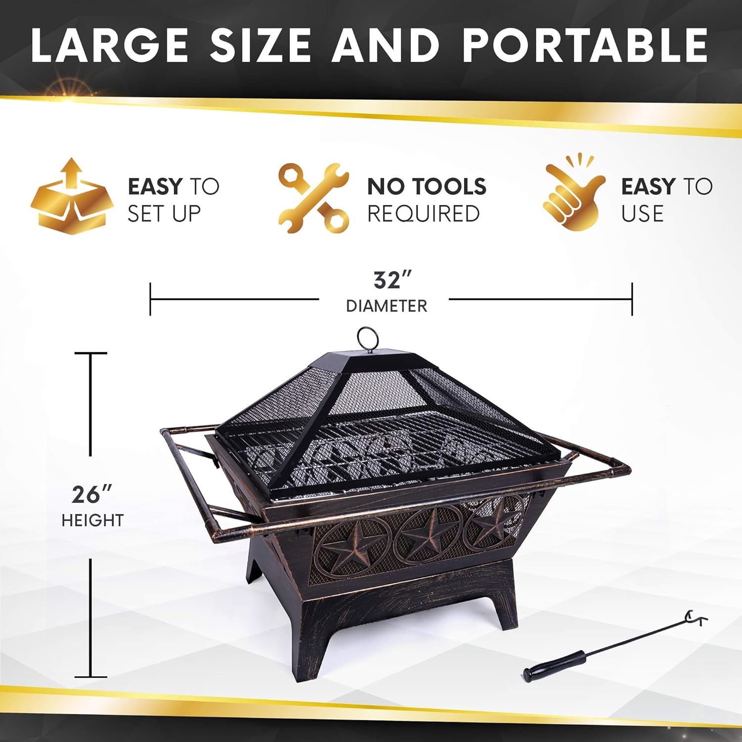 Project One Galaxy Heavy-Duty Fire Pit - 32 Inch Steel Large Square Wood Burning Patio or Backyard Firepit - Weighs 30 Pounds - Cooking Grill Grate, Spark Screen, and Fireplace Poker Included : Garden & Outdoor