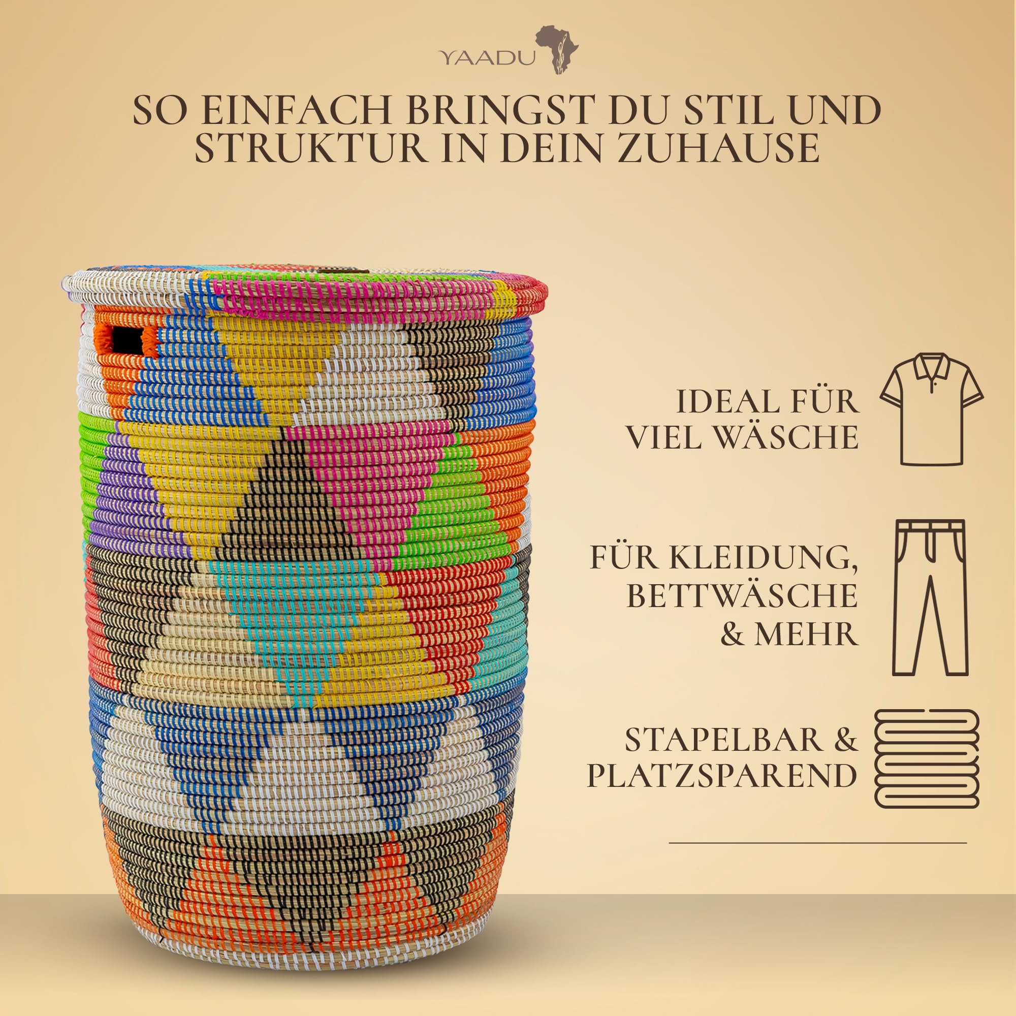 YAADU Wäschekorb mit Deckel 80L – Großer Wäschesammler mit Deckel, Geflochtene Wäschetonne, Boho Wäschekorb mit Henkeln, Wäschebehälter für Schmutzwäsche, Modell Khaliss (Bunte-Dreiecke-Flach) 3