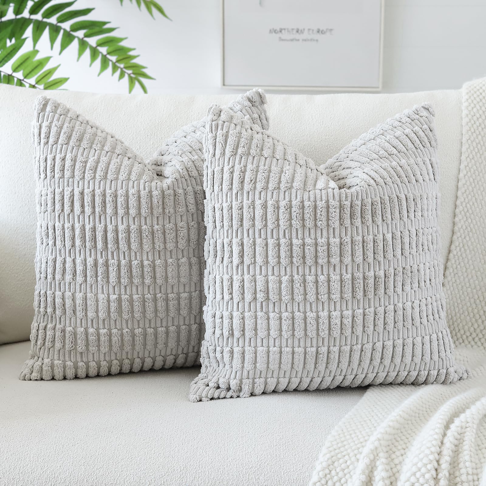 JOTOM Corduroy Soft Striped Decorative Throw Pillow Covers 24x24 Inch Square Cushion Covers 60x60 cm Boho Home Decor Pillowcases Cushion Case for Sofa Couch Living Room Bed Set of 2 (Light Gray) — image 1