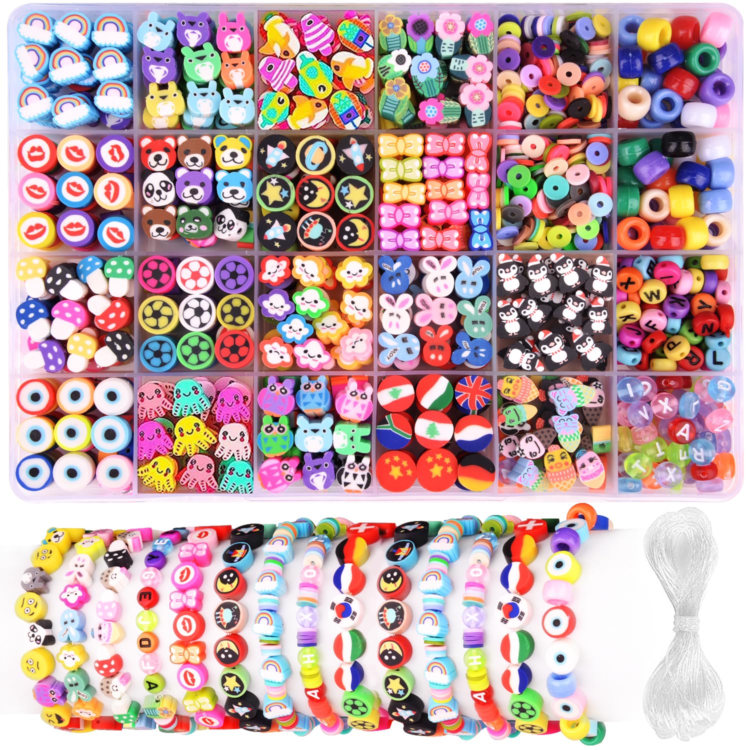 Photo 1 of 1000PCS Polymer Clay Beads Bracelet Making kit, 24 Style Cute Fun Beads Flower Animal Rainbow Eye Charms for Jewelry Necklace Earring Making DIY Accessories for Women Girls