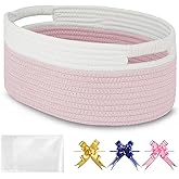 BOSROTY Small Woven Basket with Gift Bags and Ribbons, Empty Baby Gift Baskets, Shelf Storage, Small Cat Dog Pet Toy Boxes, 13”x 9”x 5.5”, Light Pink