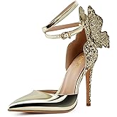FINDVELL Fashion High Heels Butterfly Back Sexy Stiletto Pumps Closed Toe Sparkly Ankle Strap Heels Sandals Dress Shoes for Women
