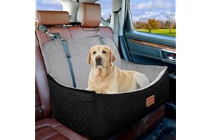Youvee Dog Car Seat for Large/Medium Dog,Interior Height 4 Inches Pet Car Bed for Dogs Under 55 lbs or 2 Small Dogs,Washable Dog Booster Seat with 2 Safety Leashes(Black Outside Grey Inside)