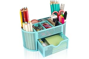 Banshou Desk Organizer Office Accessories,Mesh Desk Office Organizer with Drawer and 8 Compartments 8.66x 4.33x 4.05inch,For Office,Home,School,Classroom,kitchen(Sky Blue)
