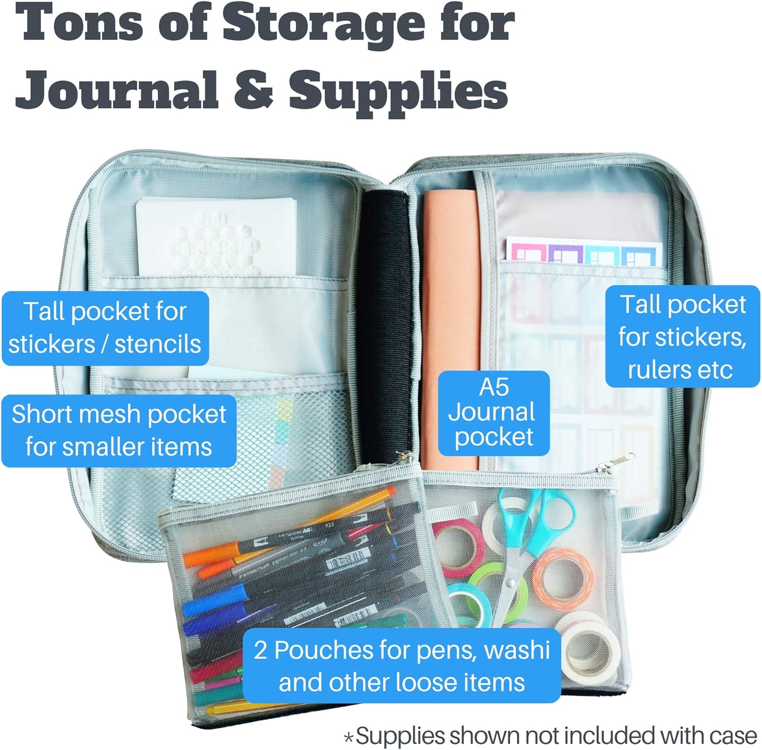 Journal Supplies Storage Case (Gray - Medium) - Custom Travel Organizer Holder for A5 Planner, Pens, Journal Supplies and Accessories (Case Only - Supplies Not Included) : Office Products
