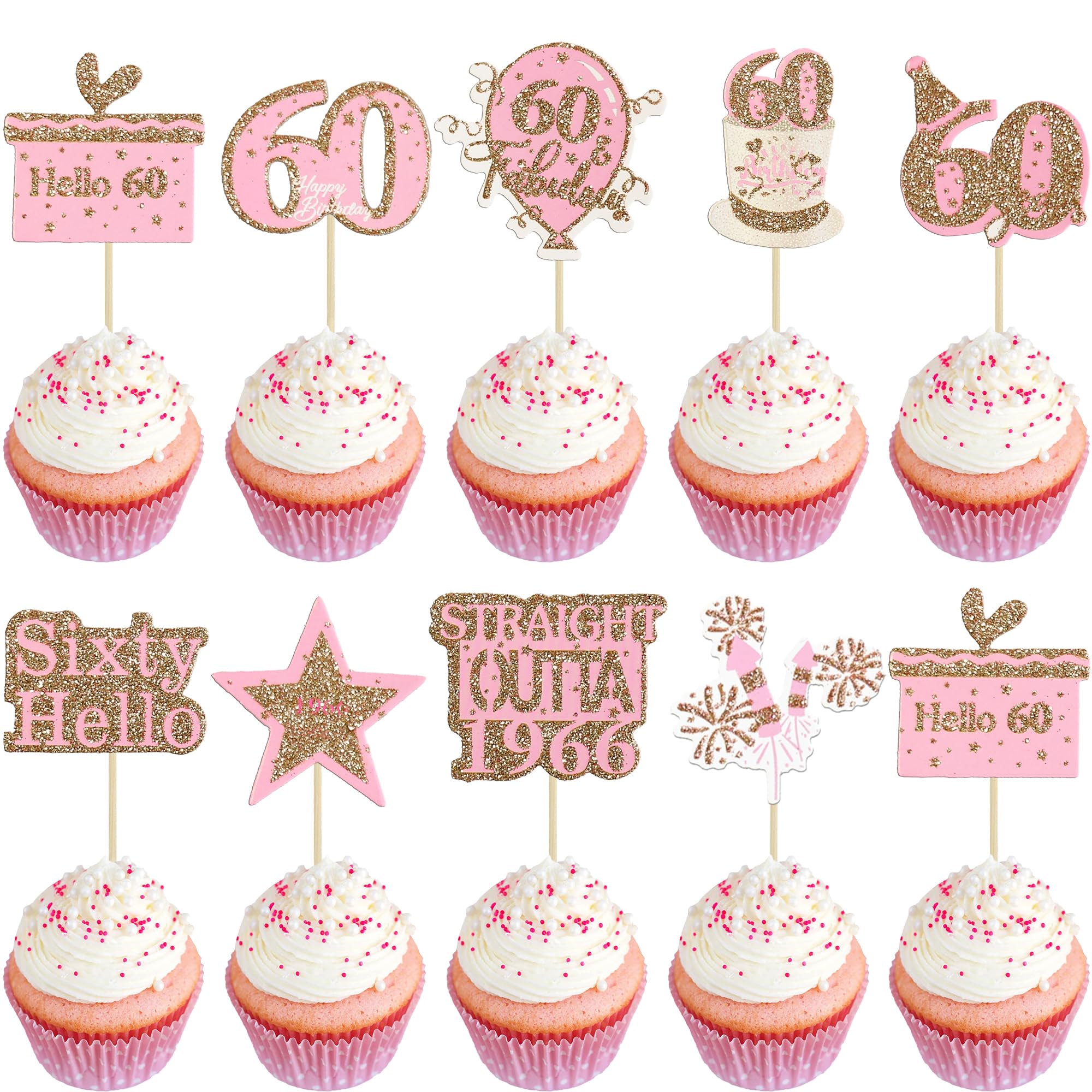 Gyufise 36Pcs Happy 60th Birthday Cupcake Toppers Glitter Rose Gold Sixty Straight Outta 1966 Cupcake Picks 60 Fabulous Cheers to 60 Years Cake Decorations for 60th Birthday Party Supplies