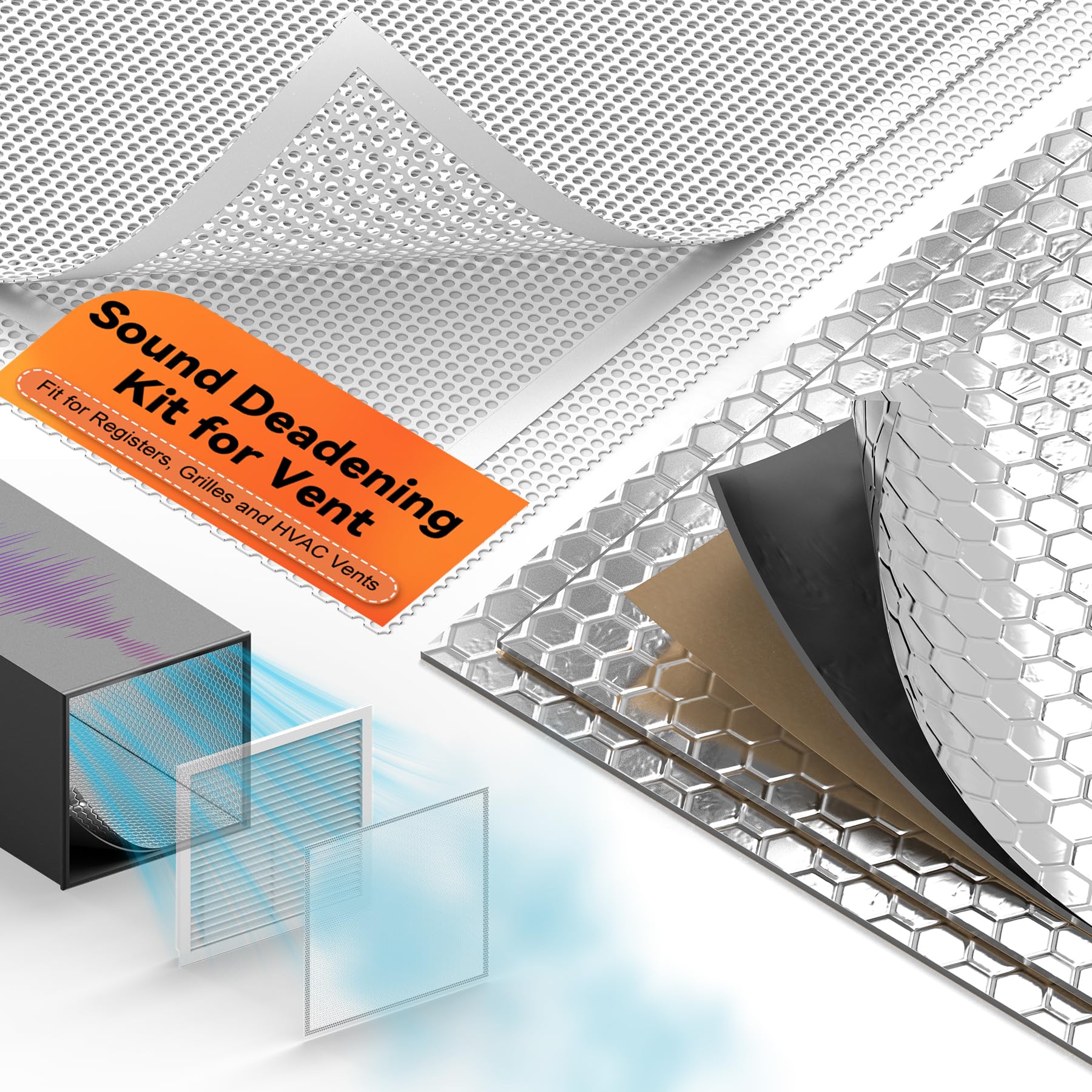 Photo 1 of ** FOR PARTS/PARTIAL SET/MISSING PIECES** GCGOODS Sound Deadening Mat & Air Vent Mesh Cover, Sound Proofing Kit for Air Vents & Ducts, Comes with 3 Pcs Noise Insulation and Vibration Damping Mat, 2 Pcs Sound Proof Vent Cover 15"× 15", White