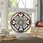 Handcrafted Stained Glass Window Panel - 12-Inch Round Floral Design with Vibrant Colors, Elegant Decorative Hanging Art for Home Décor, Includes 20-Inch Chain & Hook (Flower)