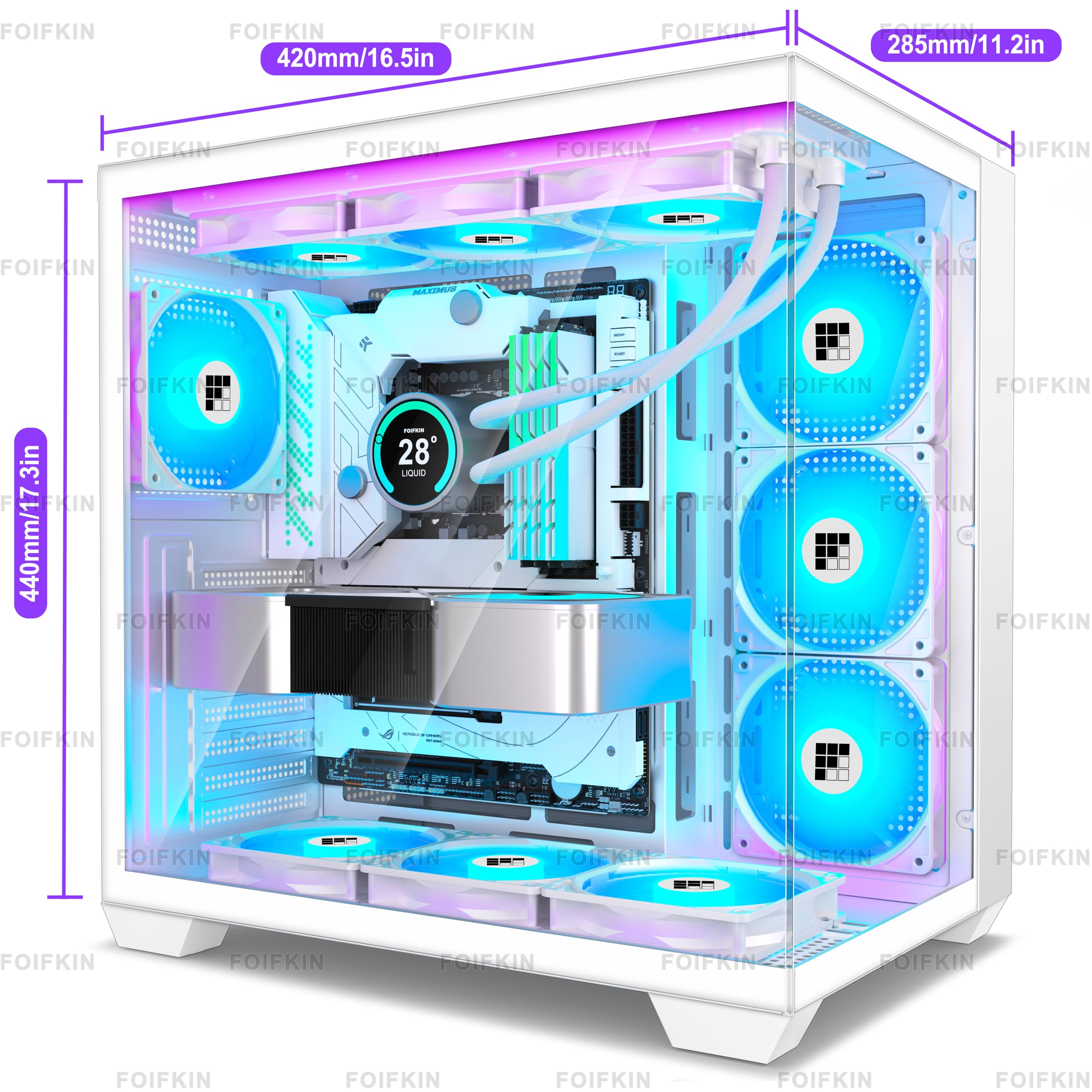 FOIFKIN F300 PC Gehäuse ATX mit 7 PWM ARGB Lüfter,Hoher Luftstrom Mid-Tower Computer Gehäuse,Gaming PC-Gehäuse Big Tower,ATX Gehäuse Weiß,mit Type-C,360mm Radiator Computergehäuse(Weiß, F300) 6