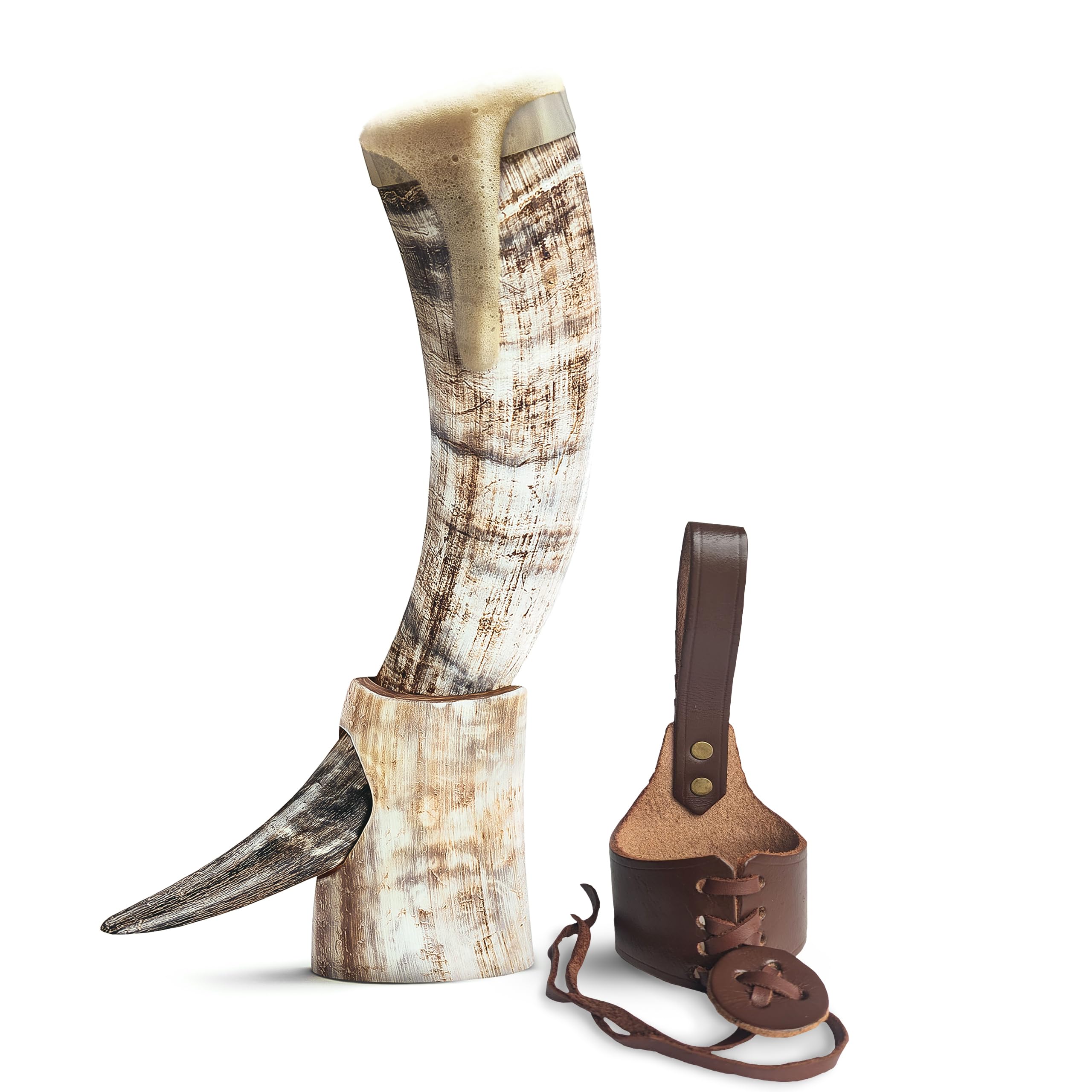Norse Tradesman Viking Drinking Horn Bundle - 30 cm Ox Cup, Fitted Stand, Leather Holster & Burlap Gift Sack (Brass Rim, Low Polish)