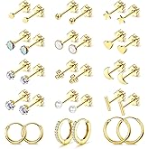 Grace Whisper 15 Pairs Flat Back Stud Earrings For Women Men 14K Gold Plated Hypoallergenic Surgical Steel Flatback Stud Earrings Cartilage Helix Tragus Conch Hoop Earrings Set for Multiple Piercing Jewelry