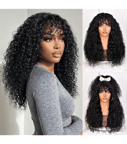 200 Density Long Curly Wig with Bangs 100% Human Hair Glueless Amazon.com : 200 Density Curly Wig with Bangs Human Hair  main image 4