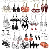 Sasylvia 20 Pairs Halloween Earrings for Women Halloween Toys Cute Drop Dangle Earring Skull Pumpkin Spider Skeleton Web Cat Ghost Vampire Bat Studs Fall Gothic for Girl Cosplay