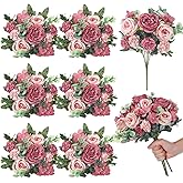 Wavwavw 6 Pcs Artificial Peony Silk Florals Fake Mix Silk Peony Rose Faux Flower Hydrangea Bouquet Elegant Realistic Wedding Floral Centerpiece for Home Party Table Arrangement (Champagne with Red)