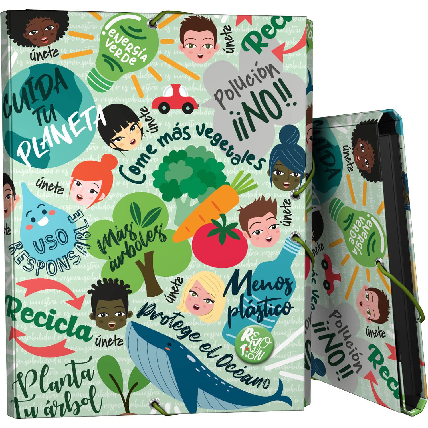 Grafoplás 82402648 School Folder Gums and Lapels, Lined Cardboard, Hardcover, Folio Size, Revolution Collection, Green, FSC Certificate