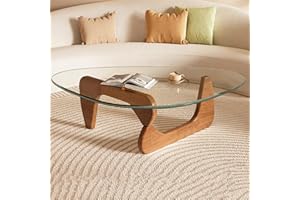 DESYIFO Small Glass Coffee Table, Mid Century Modern Coffee Table, Center Table for Living Room, Wood Minimalist Coffee Table with Wood Base, Funky Contemporary Coffee Table, (Walnut Transparent, 31.5in)