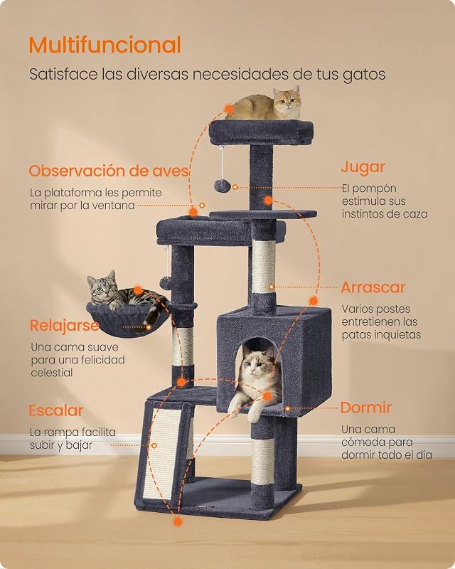 Árbol para Gatos, Torre con Postes, 3 Camas, Gris Oscuro