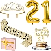 21st Birthday Decorations for Her Gold with 21st Birthday Sash and Tiara, Cake Topper and candles, Number Balloons, 21 Year Old Gifts for Her