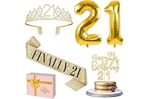 YEOHJOY 21st Birthday Decorations for Her Gold with 21st Birthday Sash and Tiara, Cake Topper and candles, Number Balloons, 21 Year Old Gifts for Her