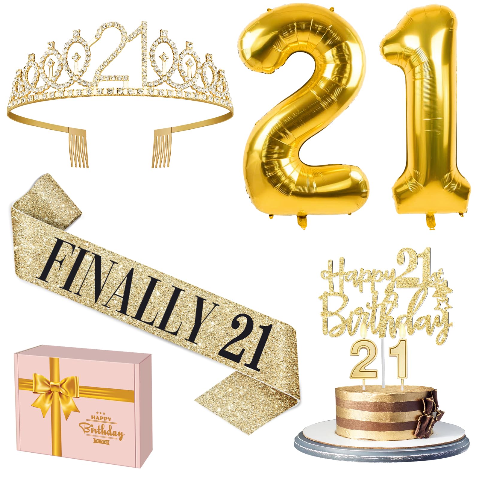 Photo 1 of 21st Birthday Decorations for Her Gold with 21st Birthday Sash and Tiara, Cake Topper and candles, Number Balloons, 21 Year Old Gifts for Her