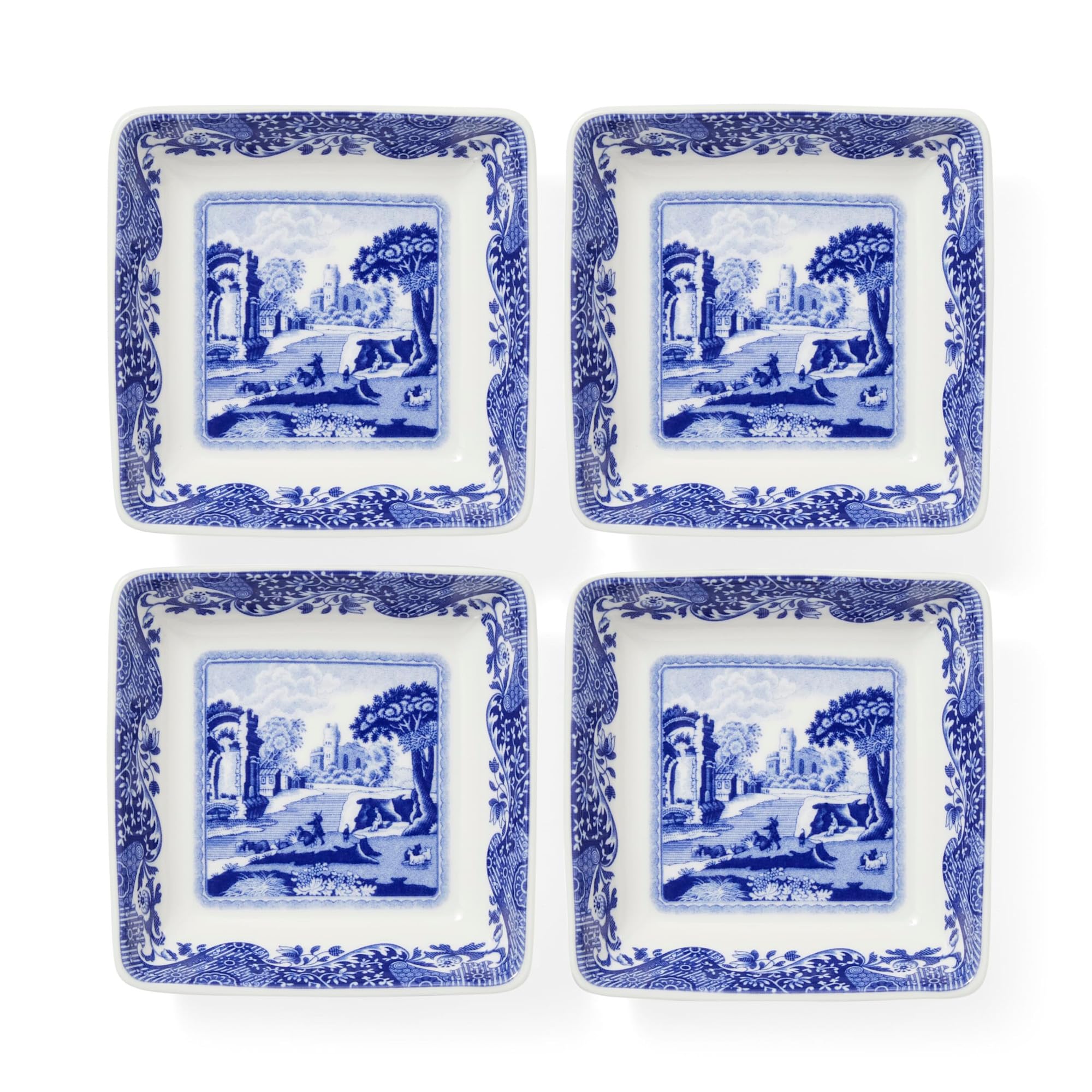 Spode Blue Italian Square Dishes | Set of 4 Small Serving Dishes for Dips, Sauces and Condiments | 3 Inch Bowls made of Fine Porcelain | Microwave and Dishwasher Safe