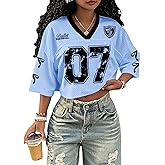RoseSeek Jersey Shirts for Women Number Print V Neck Mesh Cropped Jersey Y2k Oversized Tshirts Streetwear