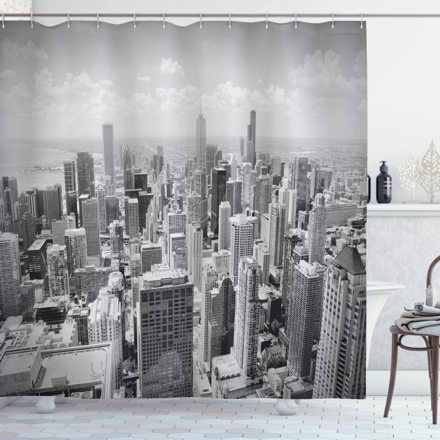 Amazon Com Ambesonne Usa Shower Curtain Chicago City Skyline Aerial View Contemporary Famous Touristic Places Picture Print Cloth Fabric Bathroom Decor Set With Hooks 75 Long Black Grey Home Kitchen