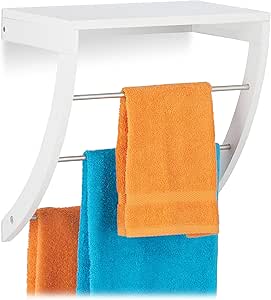 Relaxdays Toallero Pared con 3 Barras, con Repisa, Estantería Baño, DM-Acero Inoxidable, 1 Ud., 40 x 38 x 25 cm, Blanco