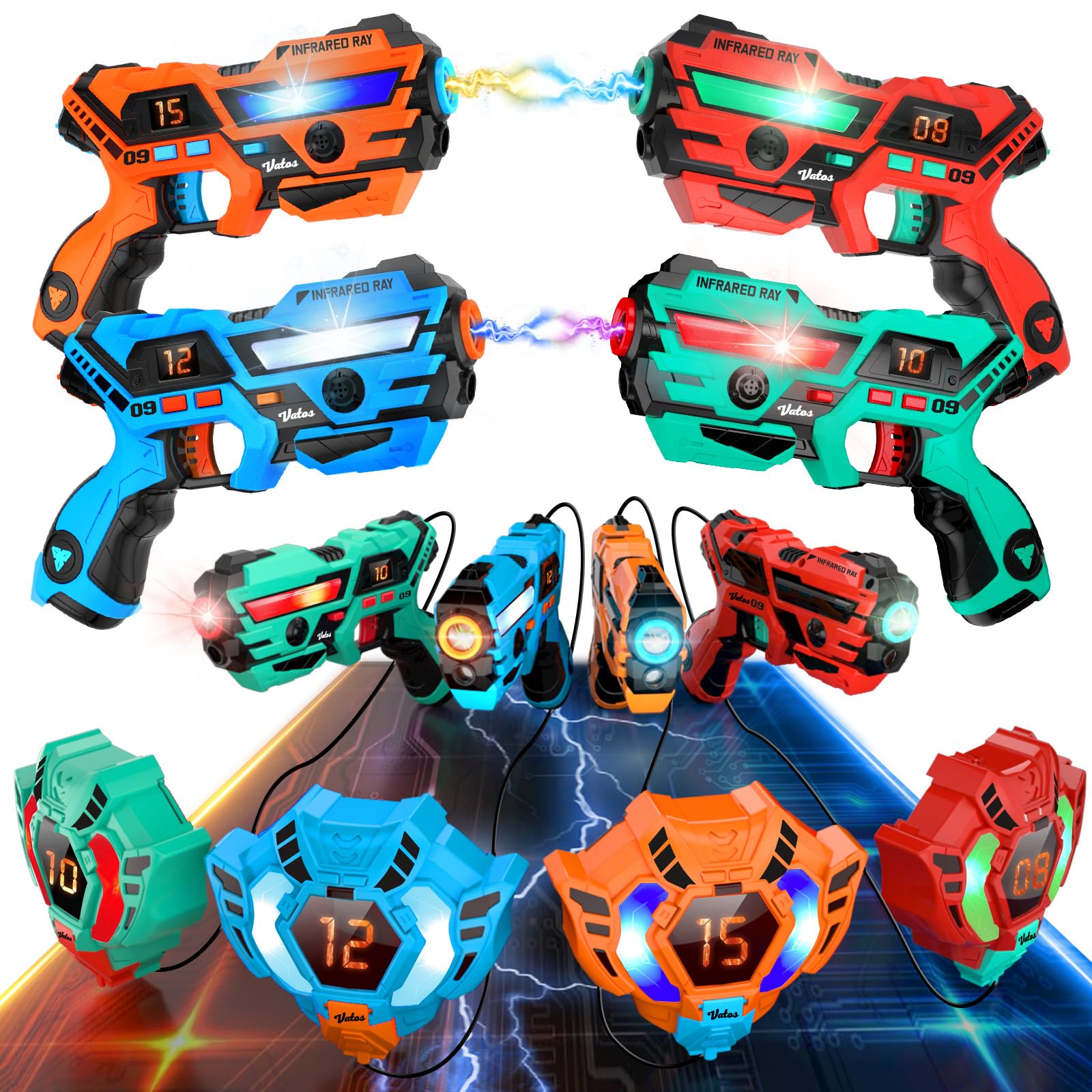 Photo 1 of VATOS Real-time Data SYNC Laser Tag Set - Infrared Laser Tag Sets of 4 Guns 4 Vests, Multi Player Lazer Tag Shooting Game for Kid Teen Age 6-12 yd Indoor & Outdoor Play