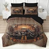 WeCozy Queen Comforter Set with Sheets, 7 Pieces Motorcycle Skull Bedding | Bed in A Bag for All Season, Vintage Western Retro 2 Pillowcases &amp; 2 Shams for Kids and Adults
