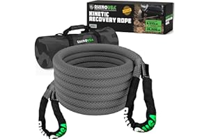 Rhino USA Kinetic Recovery Tow Rope Heavy Duty Offroad Snatch Strap for UTV, ATV, Truck, Car, Tractor - Ultimate Elastic Straps Towing Gear - Backed for Life! (7/8" x 20' Gray)
