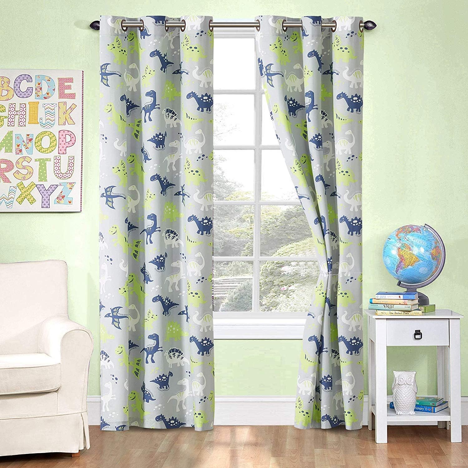 Better Home Style Printed Fun Grey Blue and Green Dinosaurs Dinosaur Kids/Boys/Teens Room Window Curtain Treatment Drapes 2 Piece Set with Grommets (Grey Dinosaur)