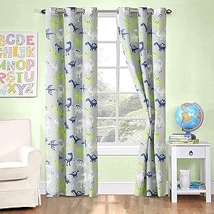 Better Home Style Printed Fun Grey Blue and Green Dinosaurs Dinosaur Kids/Boys/Teens Room Window Curtain Treatment Drapes 2 Piece Set with Grommets (Grey Dinosaur)