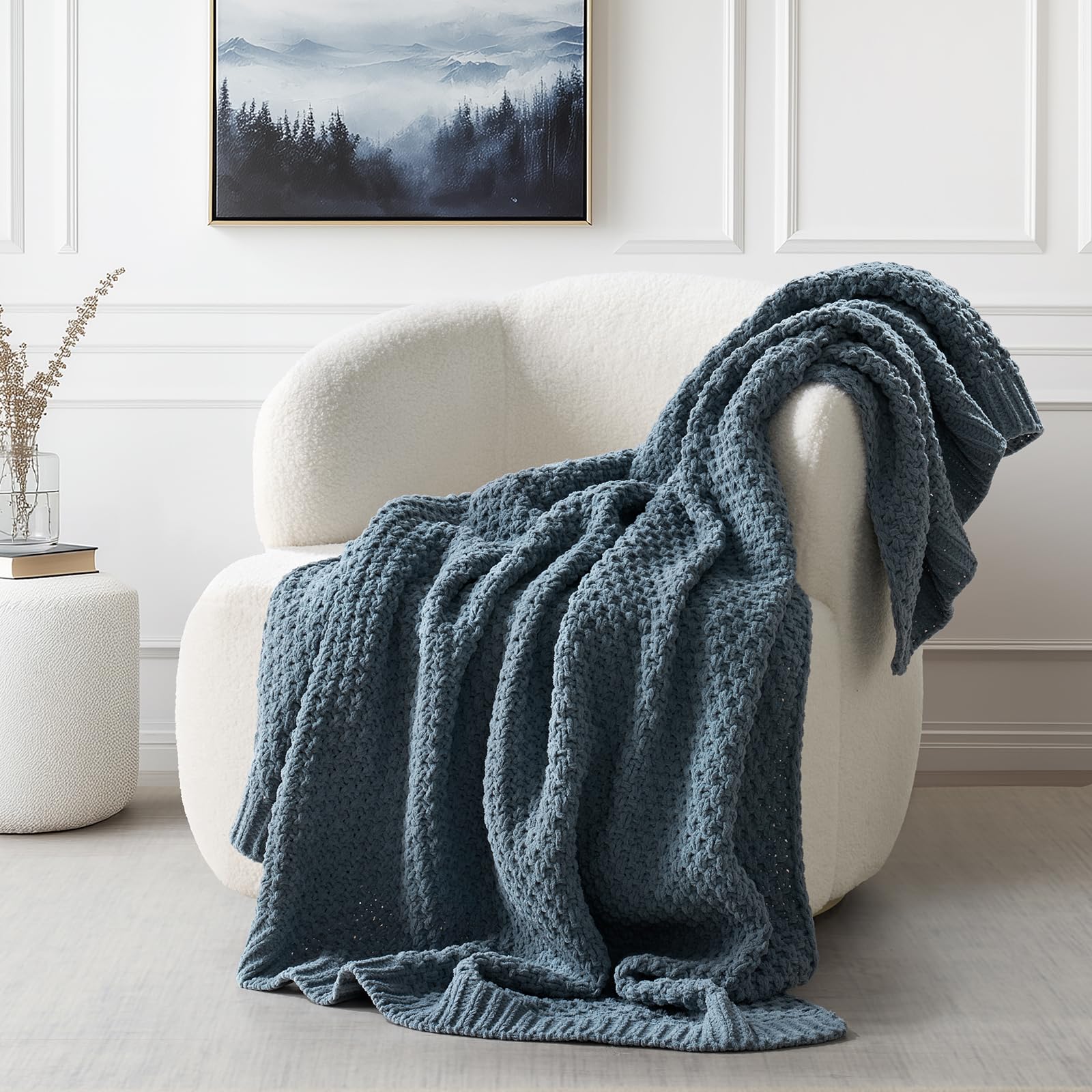 Photo 1 of EVERGRACEHOME Chunky Chenille Knit Throw Blanket for Couch, Soft Luxurious Moss Stitch Blankets for Bed, Cozy Decorative Farmhouse Knitted Throws for Sofa, Stormy Blue, 50" x 60"