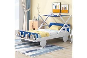 Acosure Twin Size Car Bed with Ceiling Cloth,Wooden Car-Shaped Bedframe W/Headboard & Footboard,No Box Spring Required,Fun Play for Boys Kids Toddlers Child's Bedroom,White