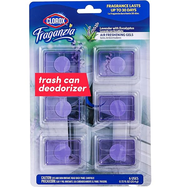 CLOROX FRAGANZIA ADHESIVE GARBAGE CAN AIR FRESHENER GEL, LAVENDER WITH EUCALYPTUS SCENT – NO PLUG, STICK ON TRASH CAN DEODORIZER AND ODOR ABSORBER, GEL AIR FRESHENERS FOR HOME AND KITCHEN, 6 COUNT