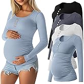Sweetyweee 4 Pack Womens Maternity Shirts Cotton Scoop Neck Long Sleeve Ribbed Pregnancy Top Henley Side Ruched Mama Clothes