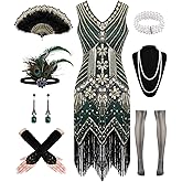 1920s Dresses for Women, Flapper Dress Lace Fan Feather Headband Sequins Beads Fringes 20s Accessories Vintage Mafia Costume