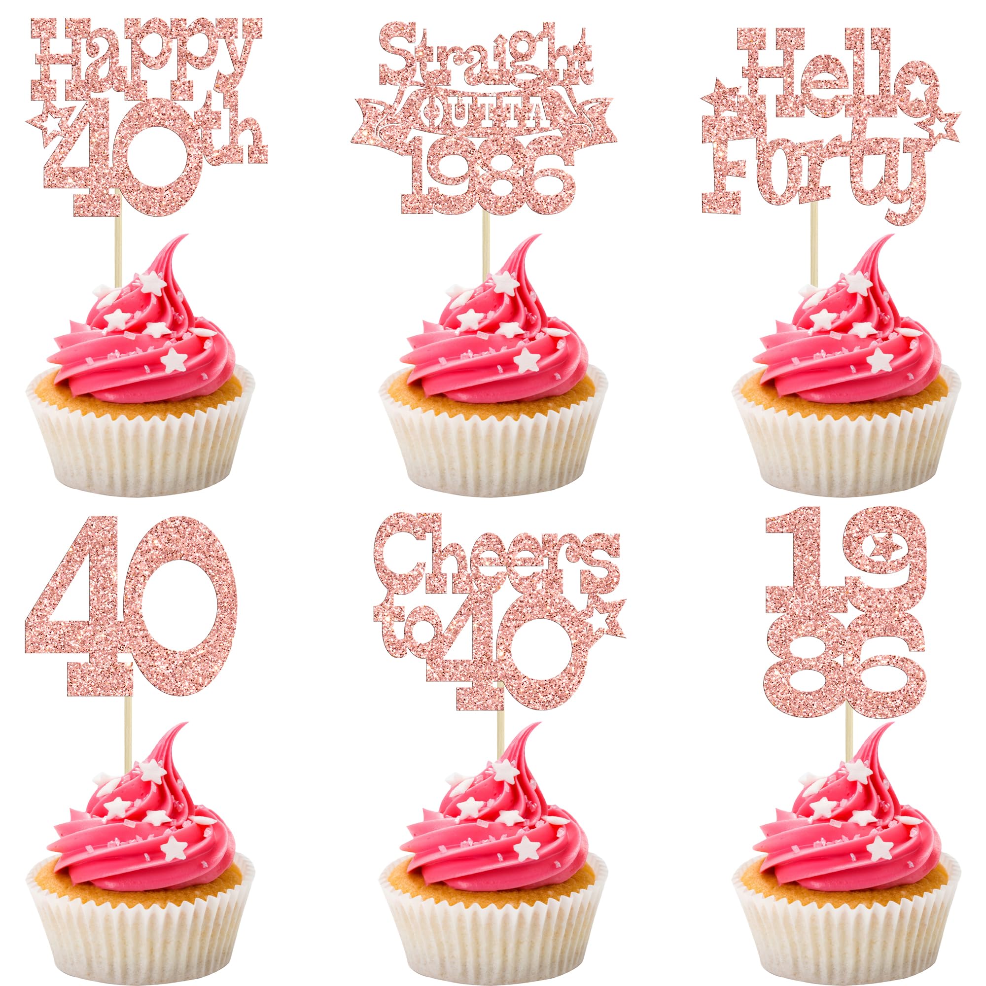 Ephlyn 30Pcs Happy 40th Birthday Cupcake Toppers Glitter Forty Straight Outta 1986 Cupcake Picks Cheers to 40 Years Cake Decorations for Happy 40th Birthday Anniversary Party Supplies Rose Gold — image 1