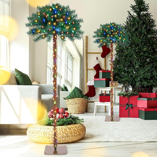 NUANCHU 3 PACK 4/5/6FT LIGHTED PALM TREE CHRISTMAS PRE-LIT ARTIFICIAL PALM TREE 8 MODE WITH TIMER MULTI-COLOR LED LIGHTS METAL BASE, TROPICAL XMAS DECOR FOR PATIO YARD POOL, INDOOR OUTDOOR USE