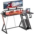 CubiCubi Aurora Gaming Desk with LED Lights & Power Outlets, 47 Inch L Shaped Carbon Fiber Surface Desk with Storage Shelves, Small Corner Computer Desk with Monitor Shelf, Gamer Desk PC Table, Black