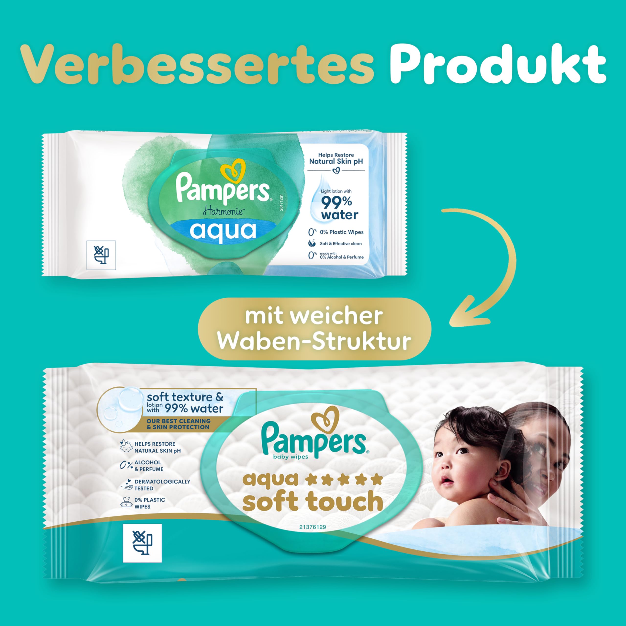 Pampers Aqua Soft Touch Baby-Feuchttücher, 18 Packungen mit 48 Feuchttüchern = 864 Baby-Feuchttücher, weiche Textur & Lotion mit 99% Wasser 2