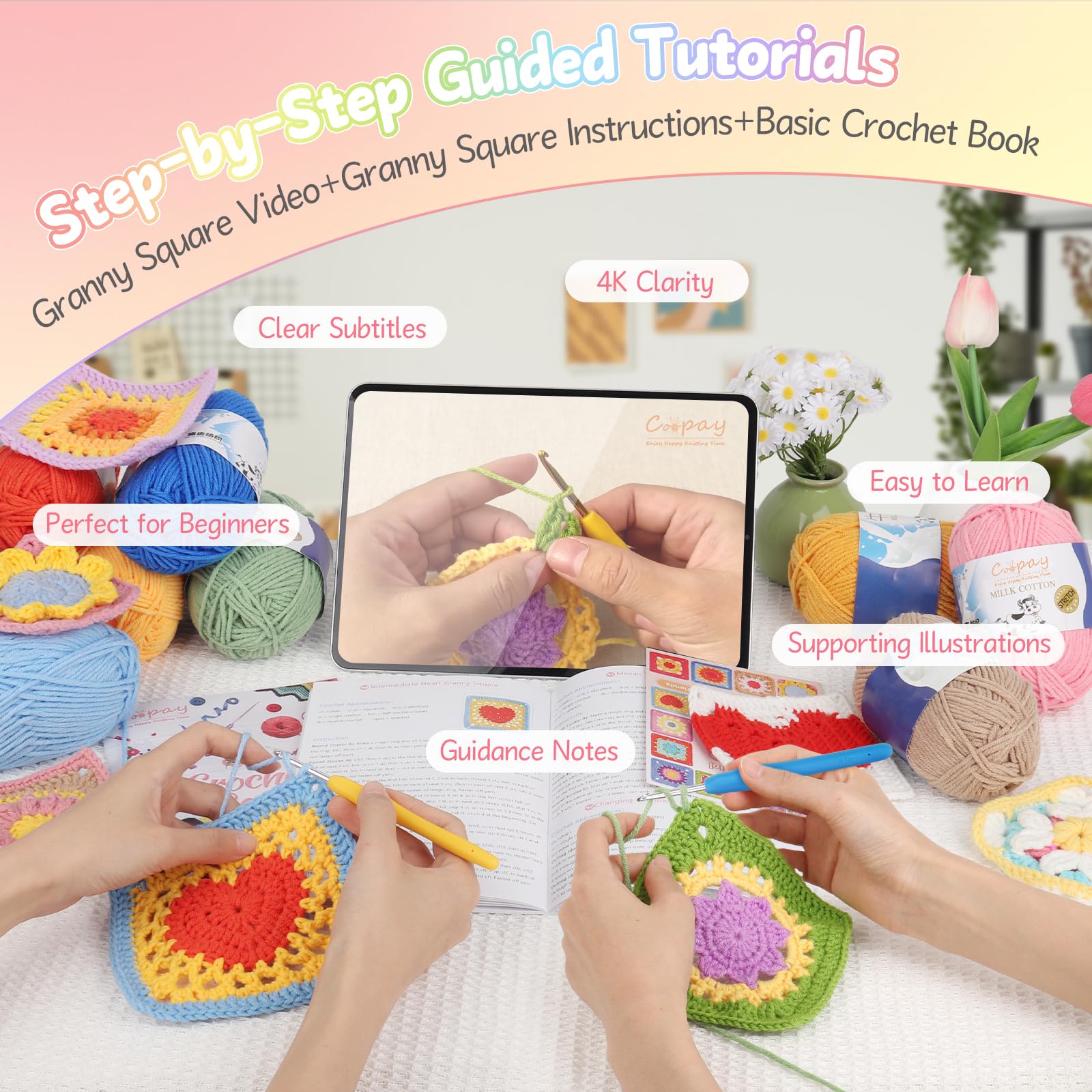 Coopay Crochet Kit for Beginners, Granny Square Crochet Kit with 2 Crochets Book & Video Card, Crochets Starter Kit for Adults Learn to Knitting, Granny Square Card Deck - 50 Mix & Match Designs