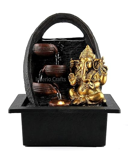 Interio Crafts Polyresin Shree Lord Ganesha Water Fountain for Home Decor, Office and Study Table, 18x14x25cm(Brown)