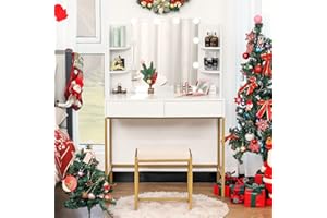 USIKEY Makeup vanity Desk with 10 LED Lights & 2 Drawers, Dressing Table with 6 Storage Shelves, Vanity Set with Cushioned Stool, Mirror and Lights for Women,Girls, Gold-White