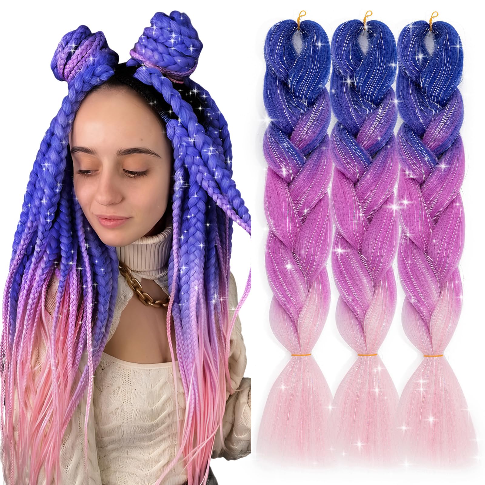 Ombre Jumbo Braiding Hair Colorful Tinsel Hair Extension 3pcs Synthetic Braids Rainbow Hair for Girls Women,Glitter Fake Hair for Festival Rave,Blue to Light Purple to Pink Glitter