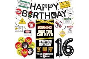 Roetyce 16th Birthday Decorations Boys Girls, Hide The Car Keys Happy 16th Birthday Banner Backdrop Balloons Hanging Swirls, Caution Logo Themed 16 Years Old Party Yard Door Wall Cover Background